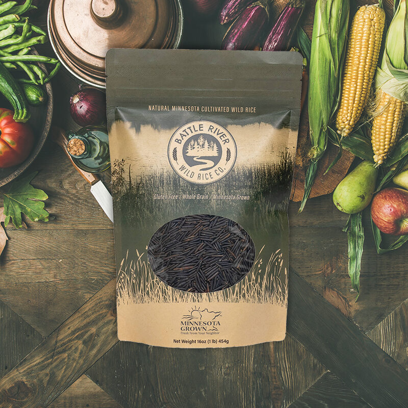 Battle River Wild Rice Product photo with fresh fruits and veggies in the background